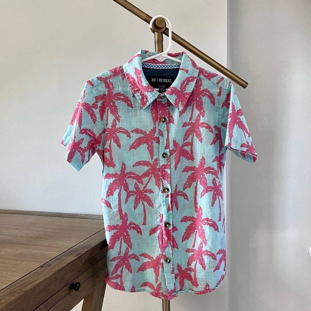 Tropical Button Down Short-sleeve Dress Shirt Mint and Coral Palm Print Boys 6/7